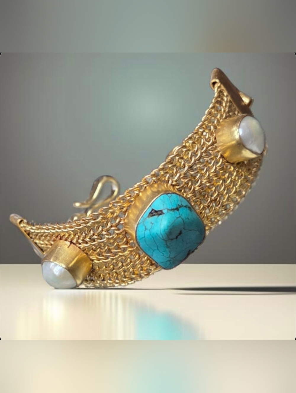 18k Matte Gold Plated Artisan Turquoise Freshwater Pearl Chunky Chain Bracelet - Picture 3 of 7
